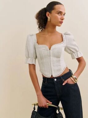 Reformation White Scalloped Square-Neck Simmie Linen Crop Top